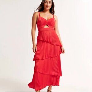 Abercrombie & Fitch The A&F Giselle Pleated Tiered Maxi Dress Red Satin Size XL